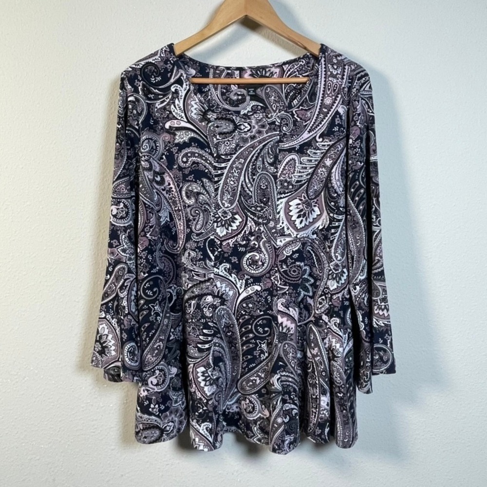 Cocomo Paisley Bell Sleeve‎ Tunic Women 1X Navy Mauve Excellent Boho Career Top